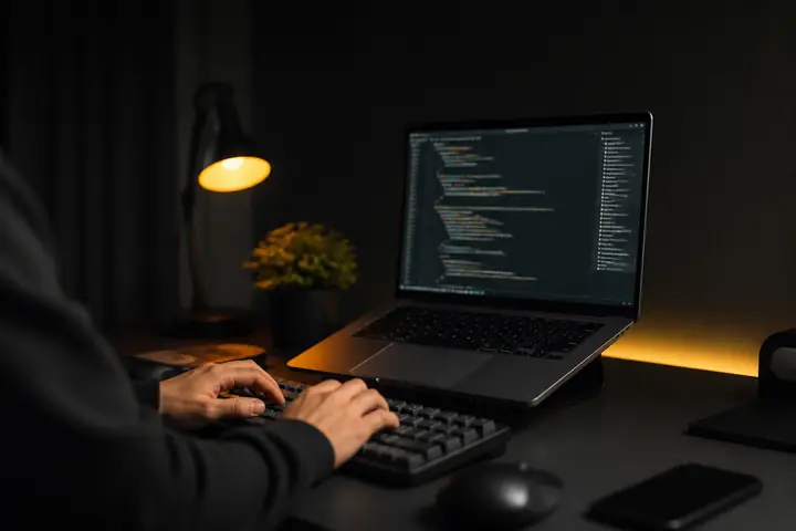 Ruang kerja programmer dengan laptop dan kode
